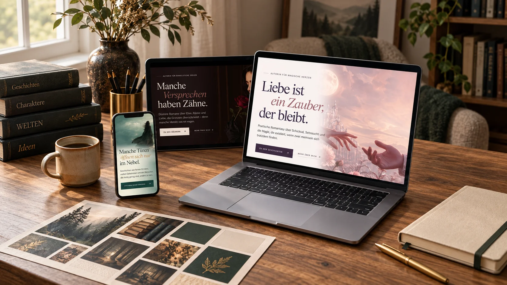 Autorenwebsites auf Laptop, Tablet und Smartphone, umgeben von Büchern, Pflanze, Stiften, Moodboard und Notizbuch